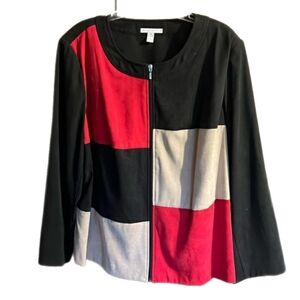 JM Collection Colorblock Zip-Up Blazer / Jacket - Black, Red, Cream, & Tan,  3X